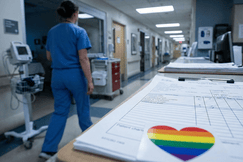 A medical clipboard with a heart-shaped LGBTQ+ flag sticker rests on a counter at a busy hospital nurses' station.