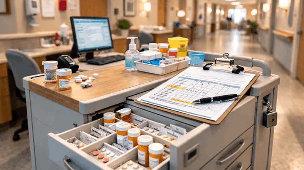 Medication cart with organized pill bottles and blister packs in a long-term care facility hallway.