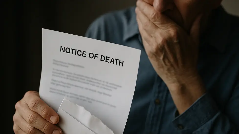 Person in a blue shirt holding a letter labeled 'Notice of Death,' looking shocked and covering their mouth with one hand.