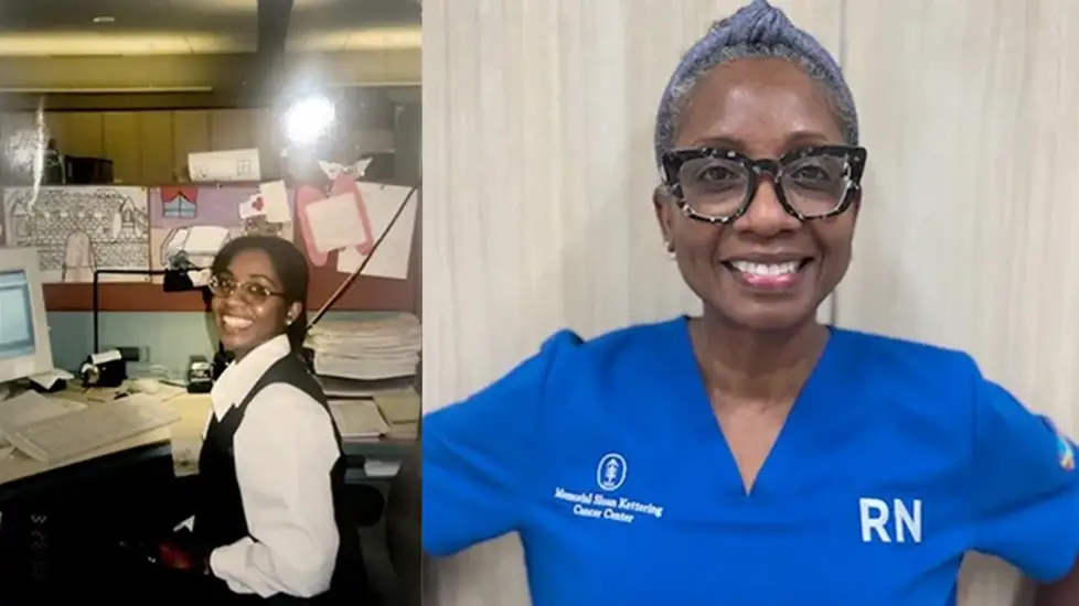 Side-by-side photos of Jocelyn Brooks: on the left, working at her finance job before 9/11; on the right, smiling in blue scrubs at Memorial Sloan Kettering Cancer Center.