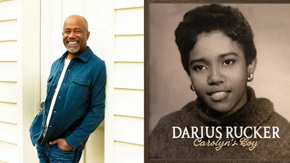 Darius Rucker in a blue jacket stands by a wall; next to him is an album cover for his 'Carolyn's Boy' album with a vintage photo of his mother.