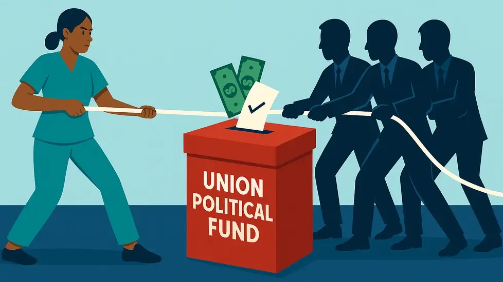 Illustration of a nurse in teal scrubs engaged in a tug-of-war with three silhouetted union figures over a red ballot box labeled 'Union Political Fund,' with money and a ballot visible inside.