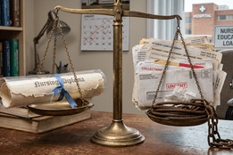A vintage brass balance scale on a worn wooden desk contrasts a rolled nursing diploma on one tray with a heavily weighted stack of student loan papers and a rusty chain on the other.