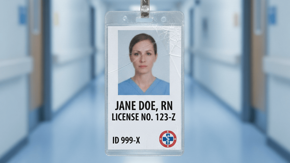 A close-up of a blurred, cracked ID badge for "Jane Doe, RN" with "License No 123-Z" and "ID 999-X," hanging in a hospital corridor, symbolizing falsified credentials.