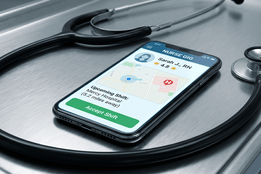 A medical stethoscope on a steel tray connects to a smartphone displaying a "Nurse Gig" shift app.