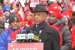 Rev. Al Sharpton speaking at NYC nurses' strike rally on MLK Day outside Mount Sinai Morningside Hospital.