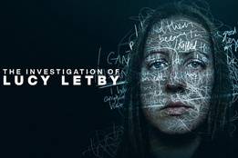 Netflix poster for The Investigation of Lucy Letby: close-up of Lucy Letby's face overlaid with handwritten scrawls like "evil" and "guilty," dark background evoking true crime drama.