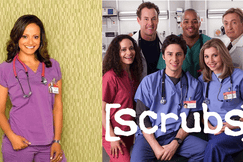 Photo of Carla Espinosa from Scrubs in purple scrubs next to promotional cast photo of Scrubs medical staff in hospital setting.