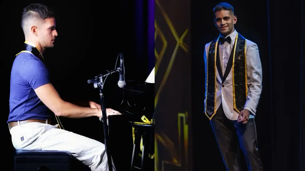 Jean Carlo Salazar, Mister Connecticut—playing piano on stage in a blue shirt and white pants, and later smiling in a white tuxedo with sash at the Mister USA competition.
