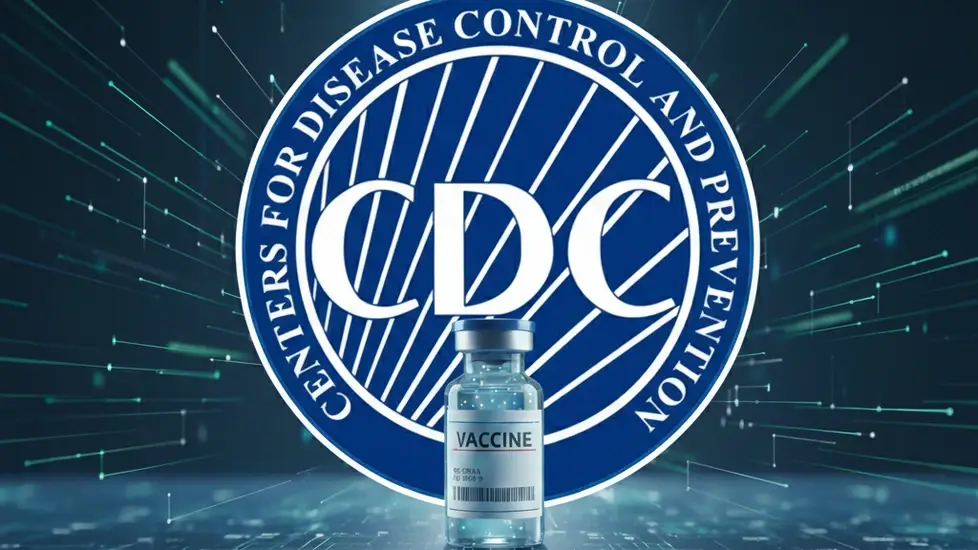 A stylized image featuring a vaccine vial with "VACCINE" on its label, centered against the CDC logo in a dark background of green and blue lines, symbolizing modern science and public health.