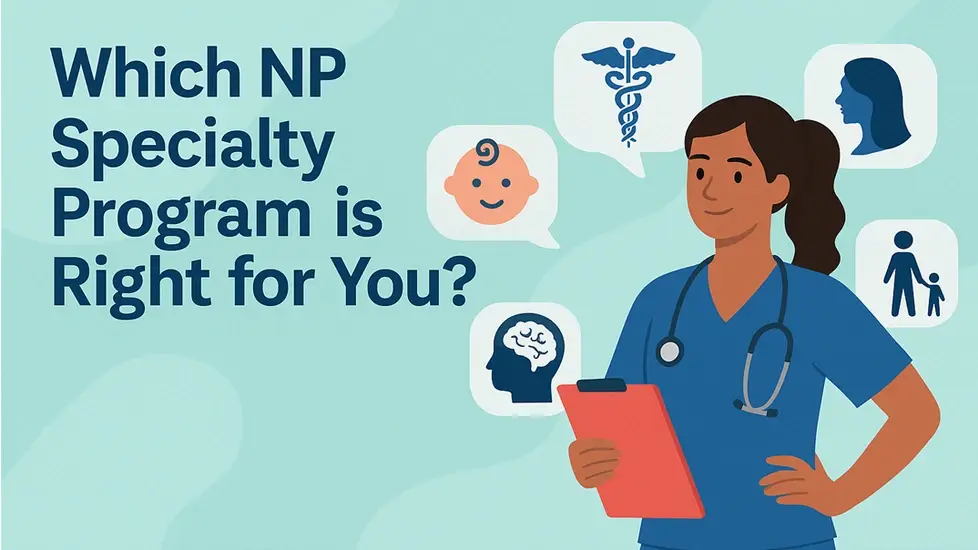 Nurse in scrubs with clipboard surrounded by icons for pediatrics, mental health, women’s health, and family care.