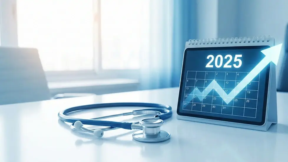 A blue stethoscope rests on a white desk next to a calendar displaying "2025" with an upward-trending arrow graph, symbolizing the growing demand and positive outlook for the healthcare job market.