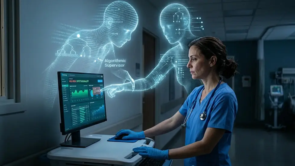 A glowing holographic data figure looms over a nurse, guiding her hand to select a high-risk alert on a computer screen.