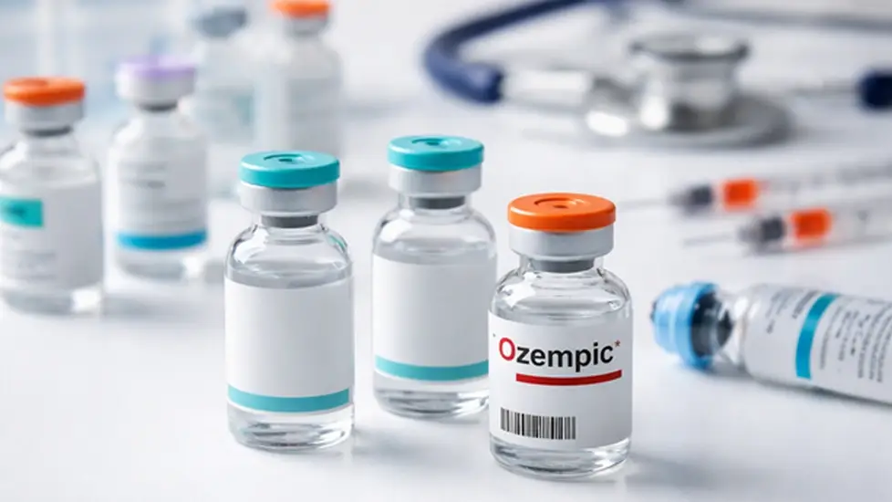 Close-up of injectable medication vials on a white clinical surface, with one vial standing out from the others to illustrate counterfeit drug concerns.