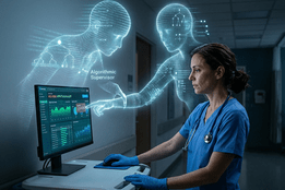 A glowing holographic data figure looms over a nurse, guiding her hand to select a high-risk alert on a computer screen.