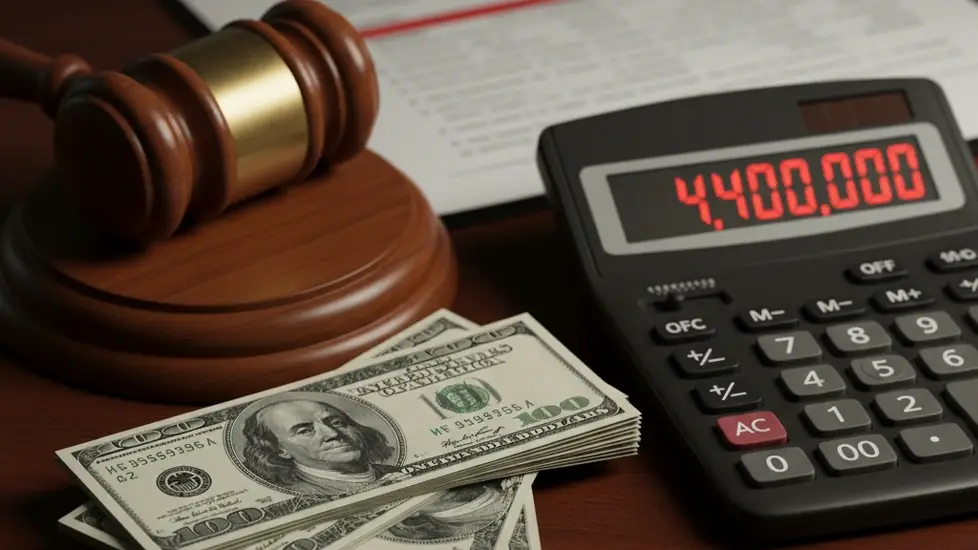 A judge's gavel on a wooden surface next to stacks of one hundred dollar bills and a calculator displaying '4,400,000'. In the blurred background, a legal document with a red highlight is visible.