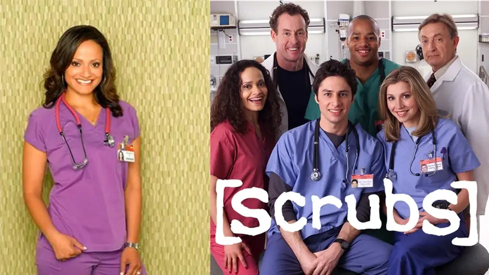 Photo of Carla Espinosa from Scrubs in purple scrubs next to promotional cast photo of Scrubs medical staff in hospital setting.