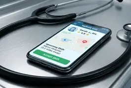A medical stethoscope on a steel tray connects to a smartphone displaying a "Nurse Gig" shift app.