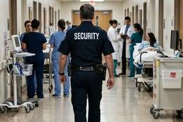 A security officer with "SECURITY" printed on the back of his uniform walks away from the camera down a busy hospital hallway.