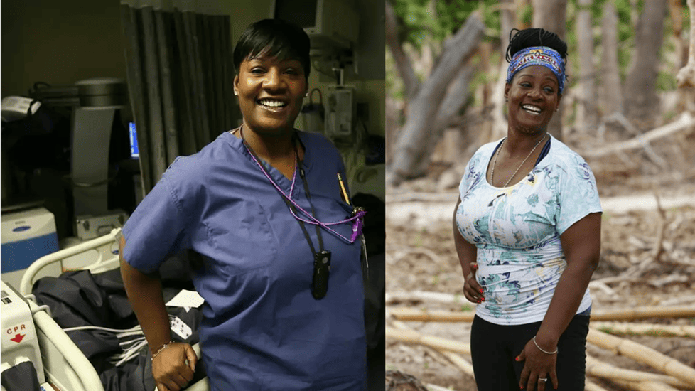 Side-by-side of Cirie Fields: in her nursing scrubs at work and on Survivor in the jungle.