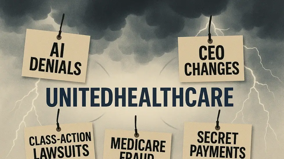 Illustration showing storm clouds and lightning above "UnitedHealthcare," surrounded by "AI Denials," "CEO Changes," "Class-Action Lawsuits," "Secret Payments," "Medicare Fraud"