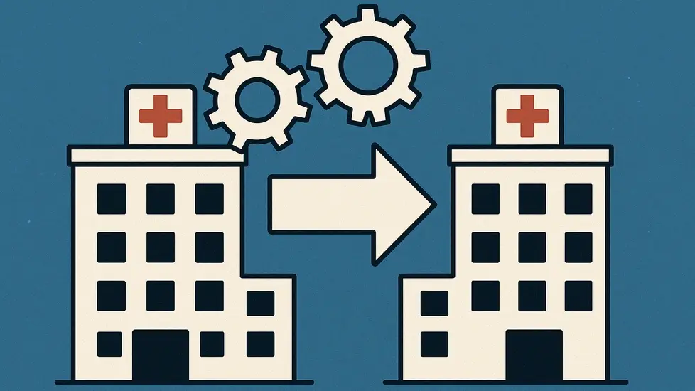 Illustration of two hospital buildings with red crosses on top, connected by interlocking gears and a large arrow between them, symbolizing a hospital merger.