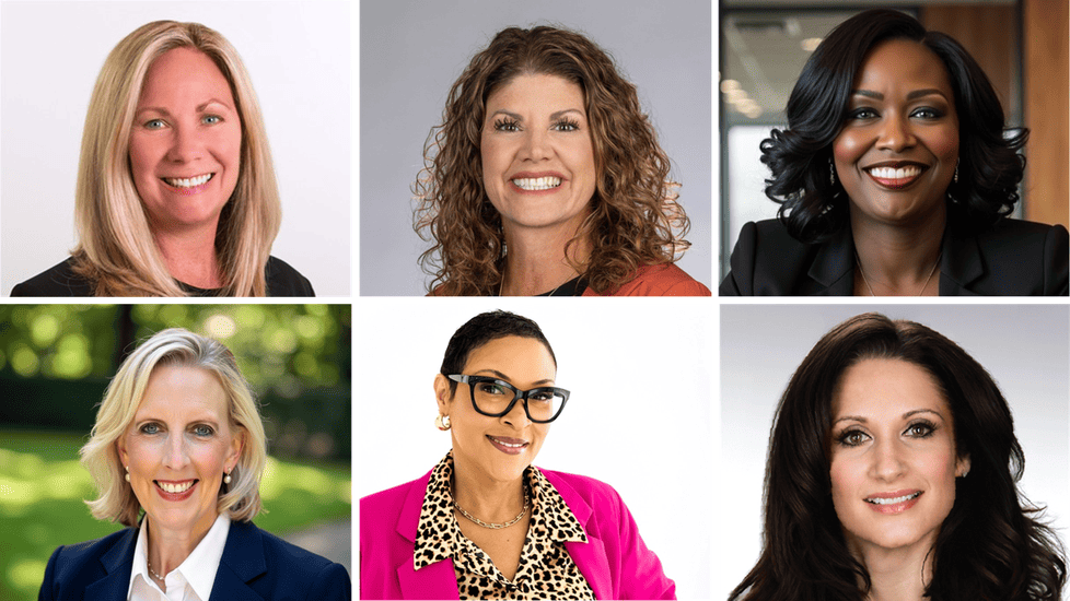 Collage of six female CNOs from publicly traded healthcare companies in professional headshots, two rows of three, wearing business attire.