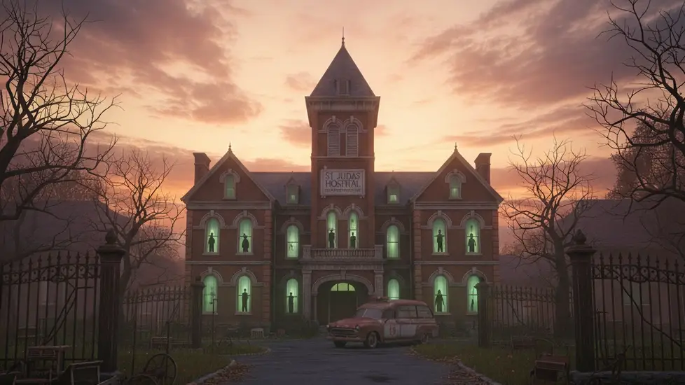 Haunted hospital exterior with a full moon, fog, and a rusty ambulance.