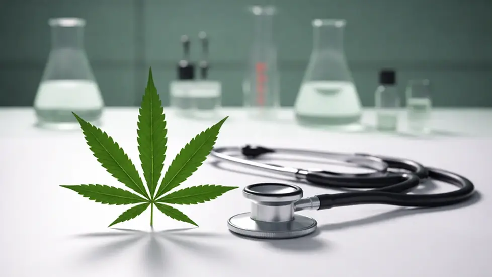 A stethoscope and a green seven-leaf cannabis plant on a white clinical surface, symbolizing medical research.
