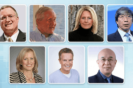 A collage of seven professional portraits arranged in two rows against a light blue medical background.