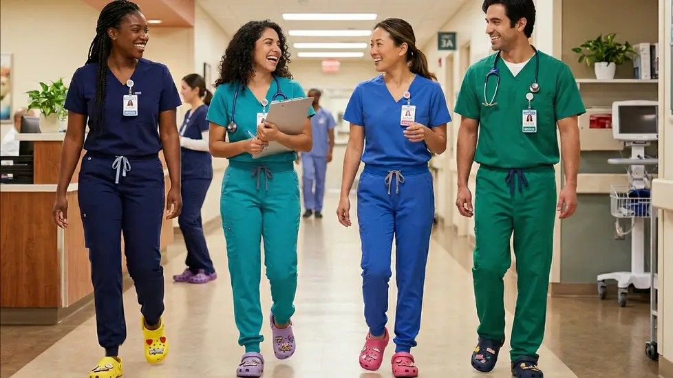 A group of nurses wearing crocs for nurses week