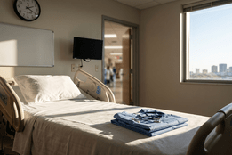 A photo of an empty hospital bed bathed in sunlight, with folded blue scrubs and a stethoscope on the foot of the bed.