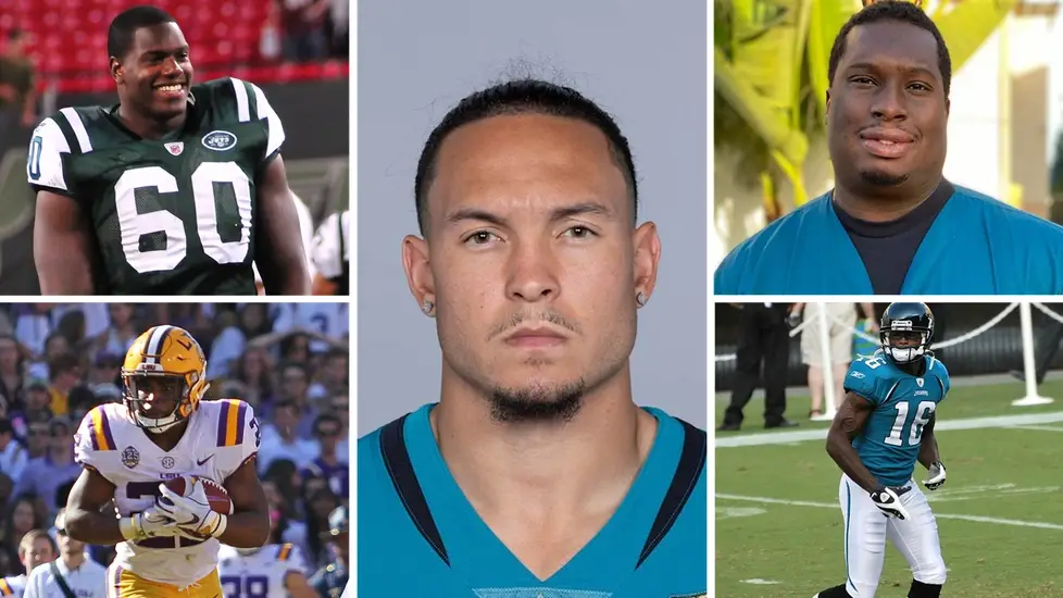 Collage of five former NFL players who became nurses, shown in football uniforms and nursing scrubs.