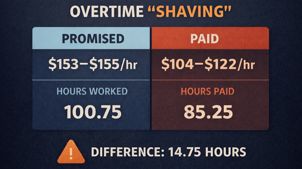 Overtime “Shaving” graphic showing 100.75 hours worked but only 85.25 hours paid.