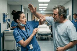A female nurse in blue scrubs recoils with a shocked and defensive expression as a male patient in a hospital gown raises a hand to block his face as other nurses watch in the background.