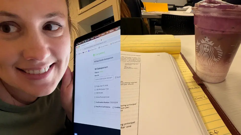 split image showing nurse chaunie brusie taking a real estate class