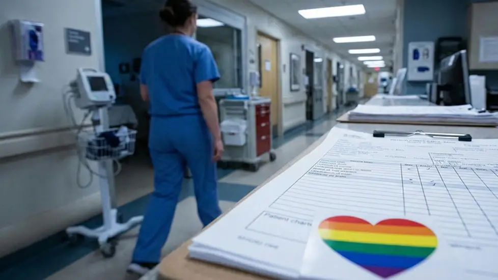 A medical clipboard with a heart-shaped LGBTQ+ flag sticker rests on a counter at a busy hospital nurses' station.