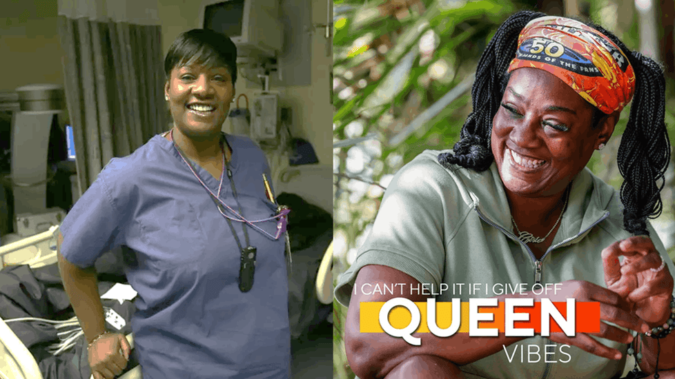 Split image of Cirie Fields smiling in hospital scrubs as a nurse on the left and wearing a Survivor 50 buff while competing on Survivor on the right with text reading “Queen Vibes.”