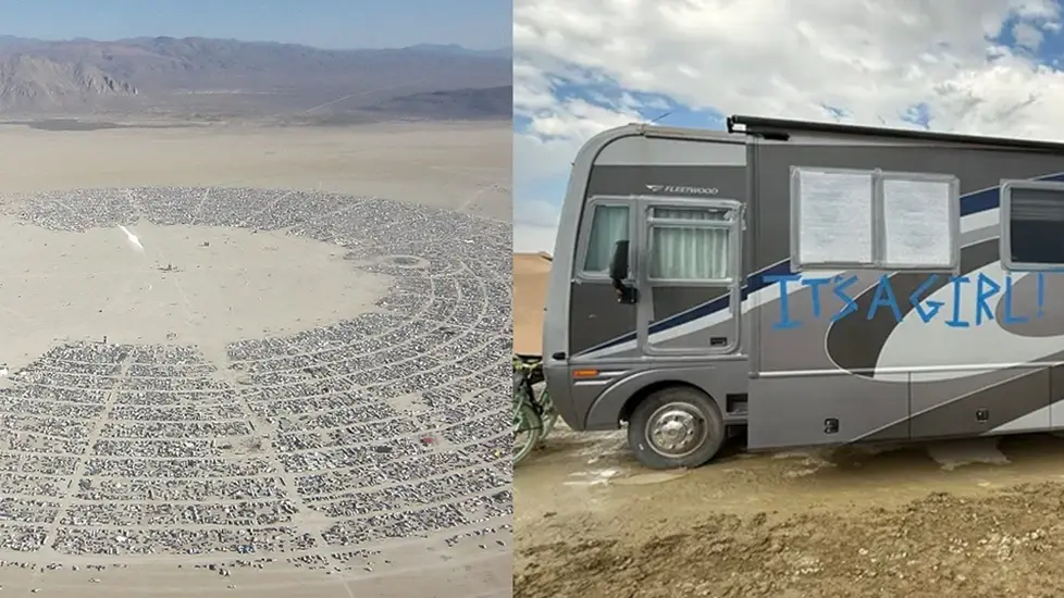 Left: Aerial view of Black Rock City at Burning Man, showing thousands of camps arranged in a half-circle in the desert. Right: Gray RV with “IT’S A GIRL!” painted in blue across the side.
