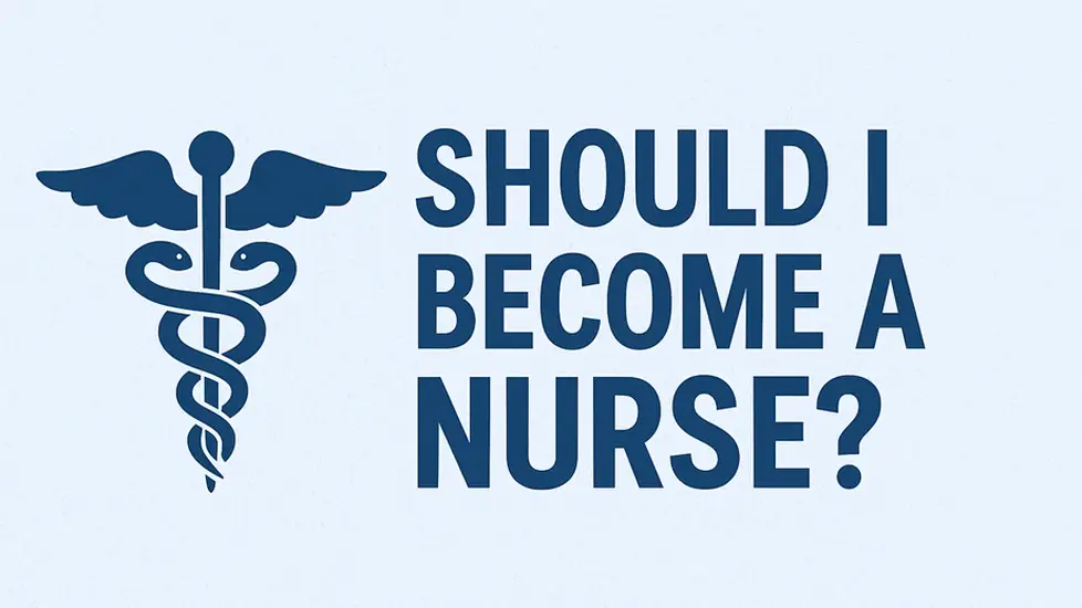 Horizontal banner with a medical cross icon and bold text that reads ‘Should I Become a Nurse?’ promoting a career quiz for aspiring nurses.
