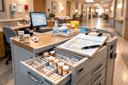 Medication cart with organized pill bottles and blister packs in a long-term care facility hallway.