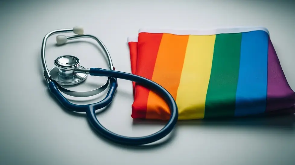 A stethoscope lies next to a neatly folded rainbow LGBTQ+ pride flag on a clean, white surface