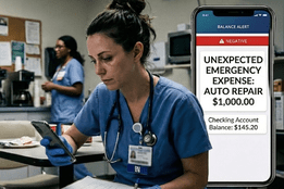 Nurse in a break room looks worried at a phone showing a negative balance after a $1,000 auto repair, while coworkers chat in the background.