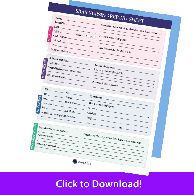 SBAR nursing report sheet download