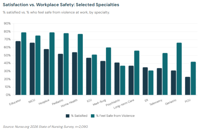 Grouped bar chart comparing job satisfaction and workplace safety across 13 nursing specialties. Specialties like educator and NICU show high scores on both metrics; ER, PCU, and psychiatric nursing score low on both.