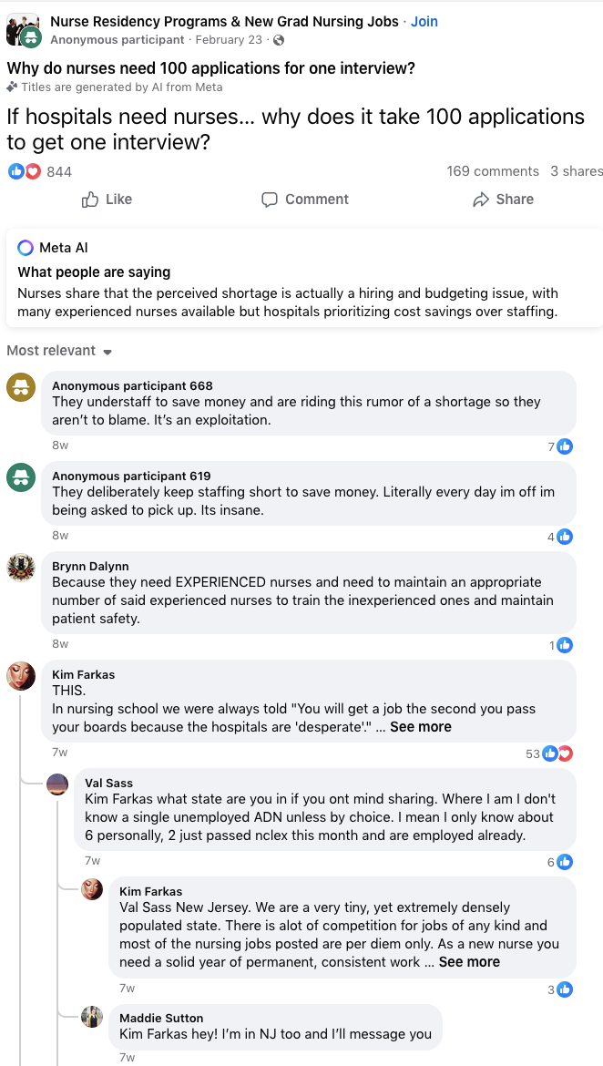 facebook post about finding a nursing job