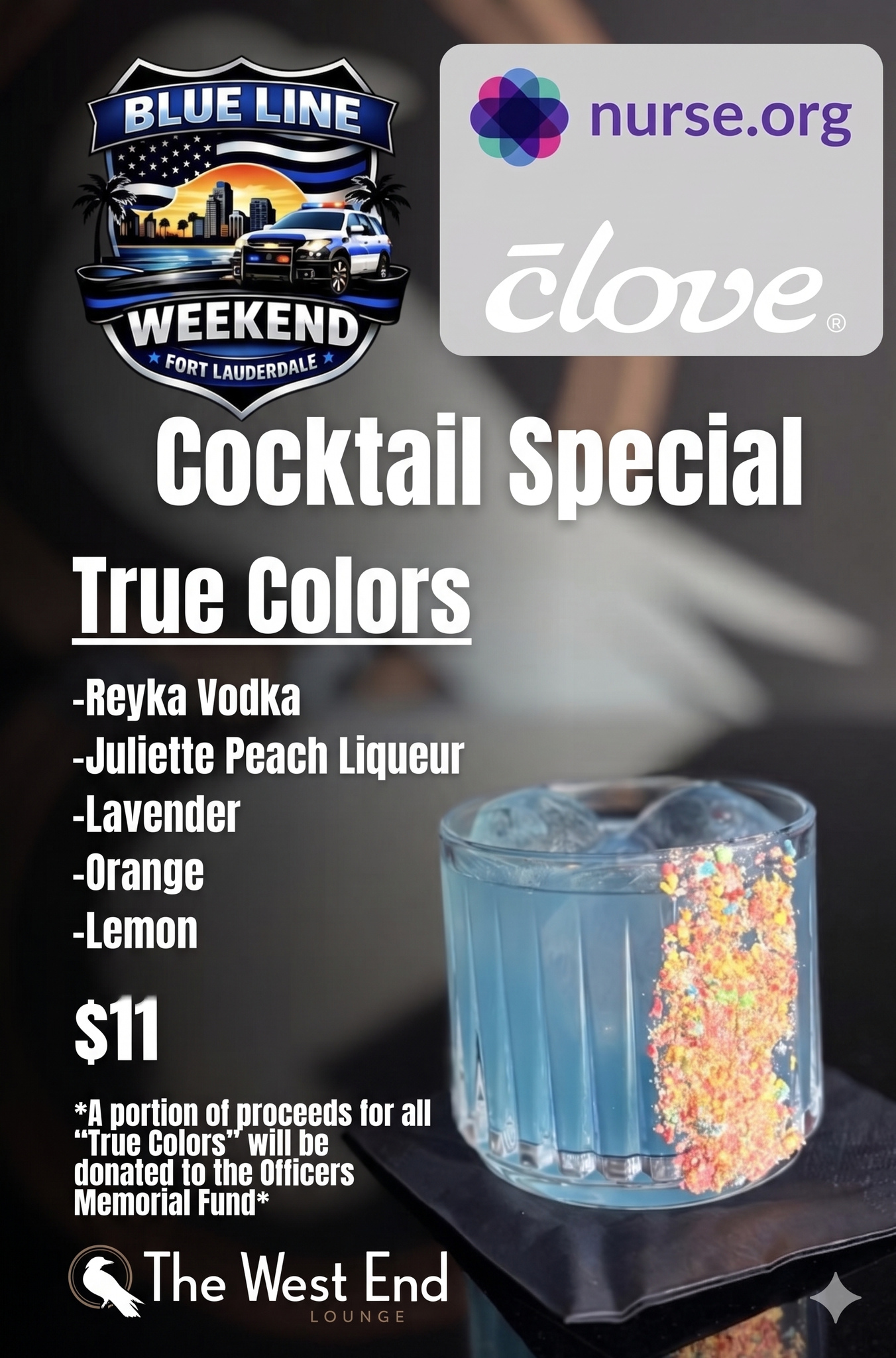 True Colors cocktail special featuring Reyka Vodka, Juliette Peach Liqueur, lavender, orange, and lemon, served at The West End Lounge during the Nurse.org NurseCon at Sea pre-cruise creator party in Fort Lauderdale.